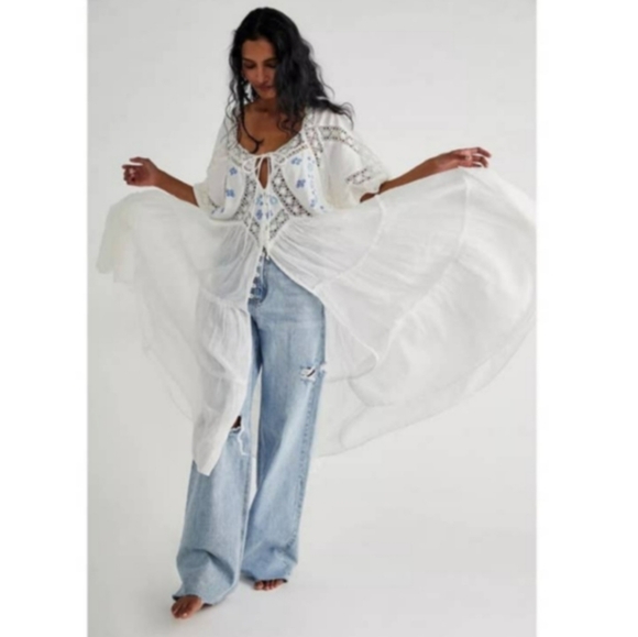 Free People Delilah Tiered Maxi Top Billowy Crochet Lace Embroidered Ivory S NWT - Picture 7 of 16